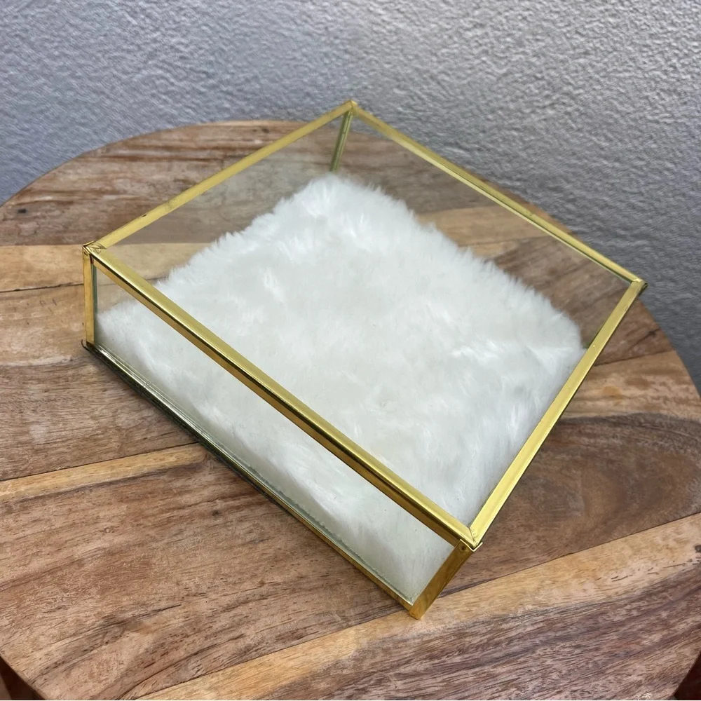 Retro l Glamorous White Faux Fur Lined Glass Gold Metal Trim Jewelry Display Box